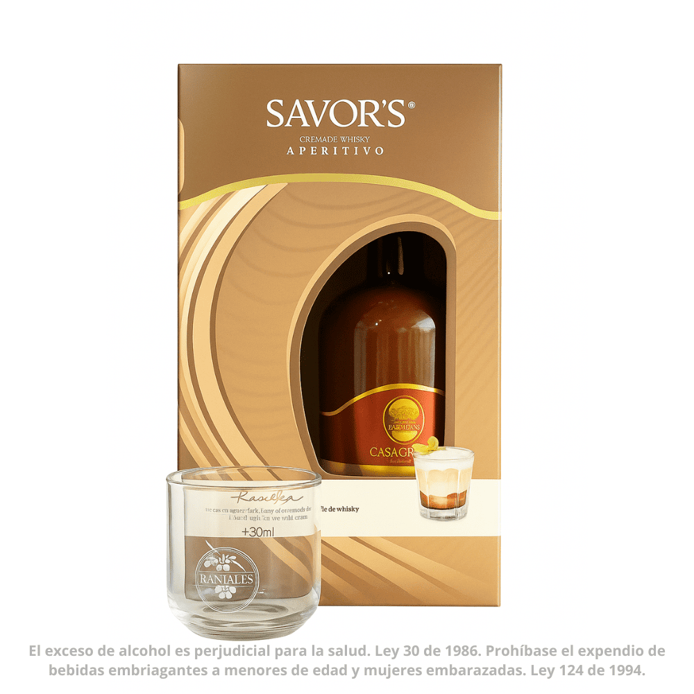 Estuche Crema de Whisky Savors Casa Grajales 750ML + 1 Vaso de Cristal